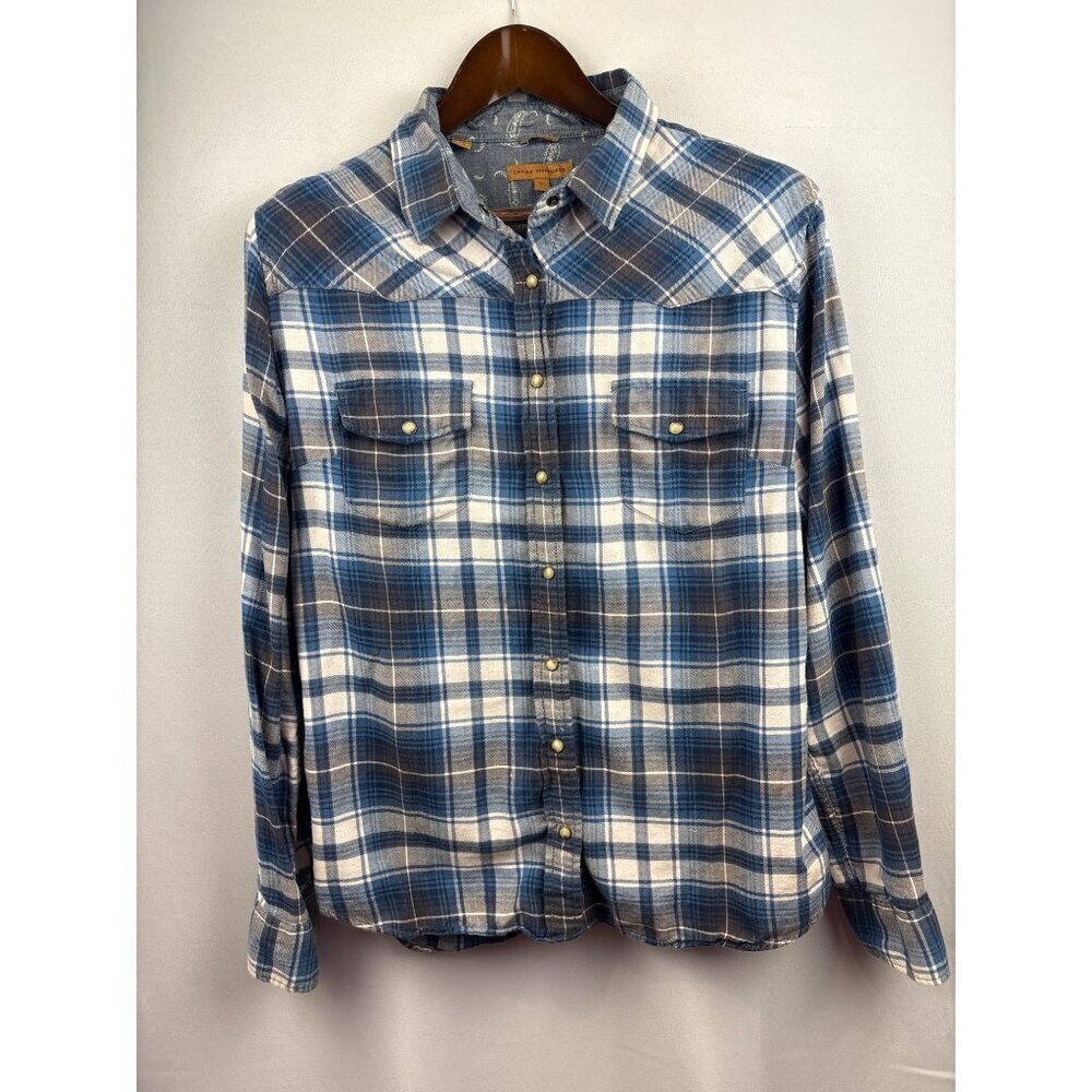 Women’s Jach’s Girlfriend Large Blue & White Plaid Flannel with Snap Buttons